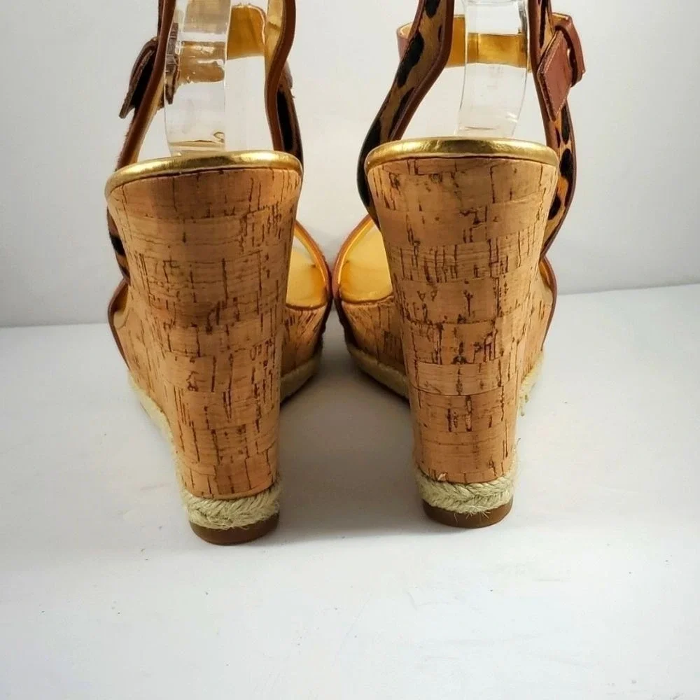AQUA Women Leopard Print Calf Hair Cork Wedge‎ Sandals Gold Tan Brown Size 10M